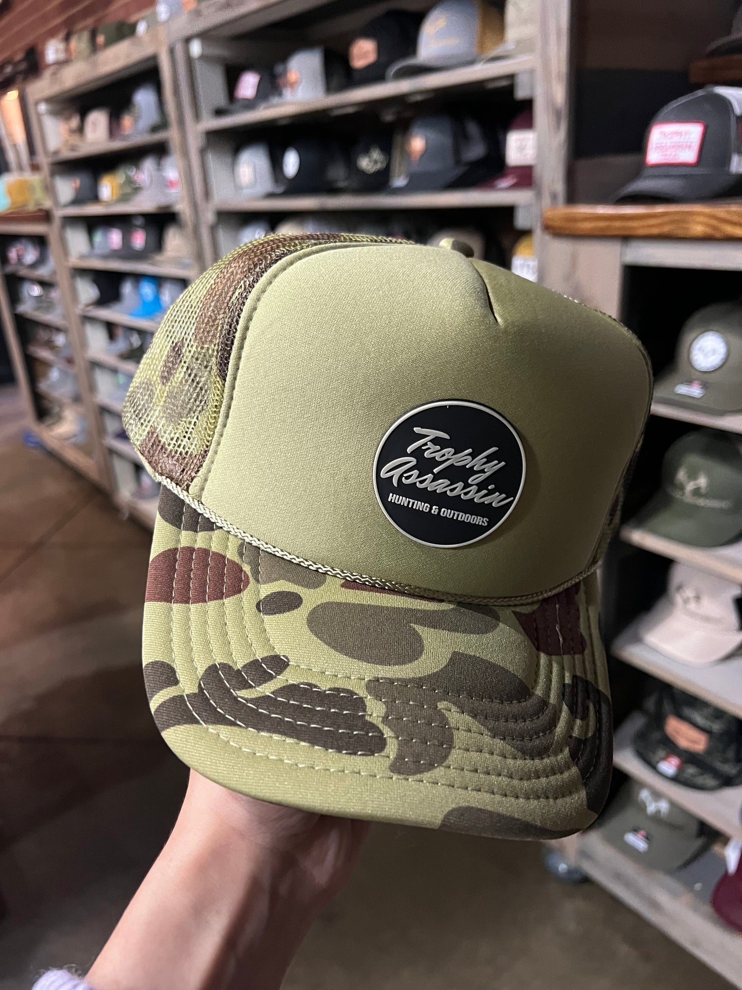 Camo Rope Foam Trucker Cap with Cursive Patch