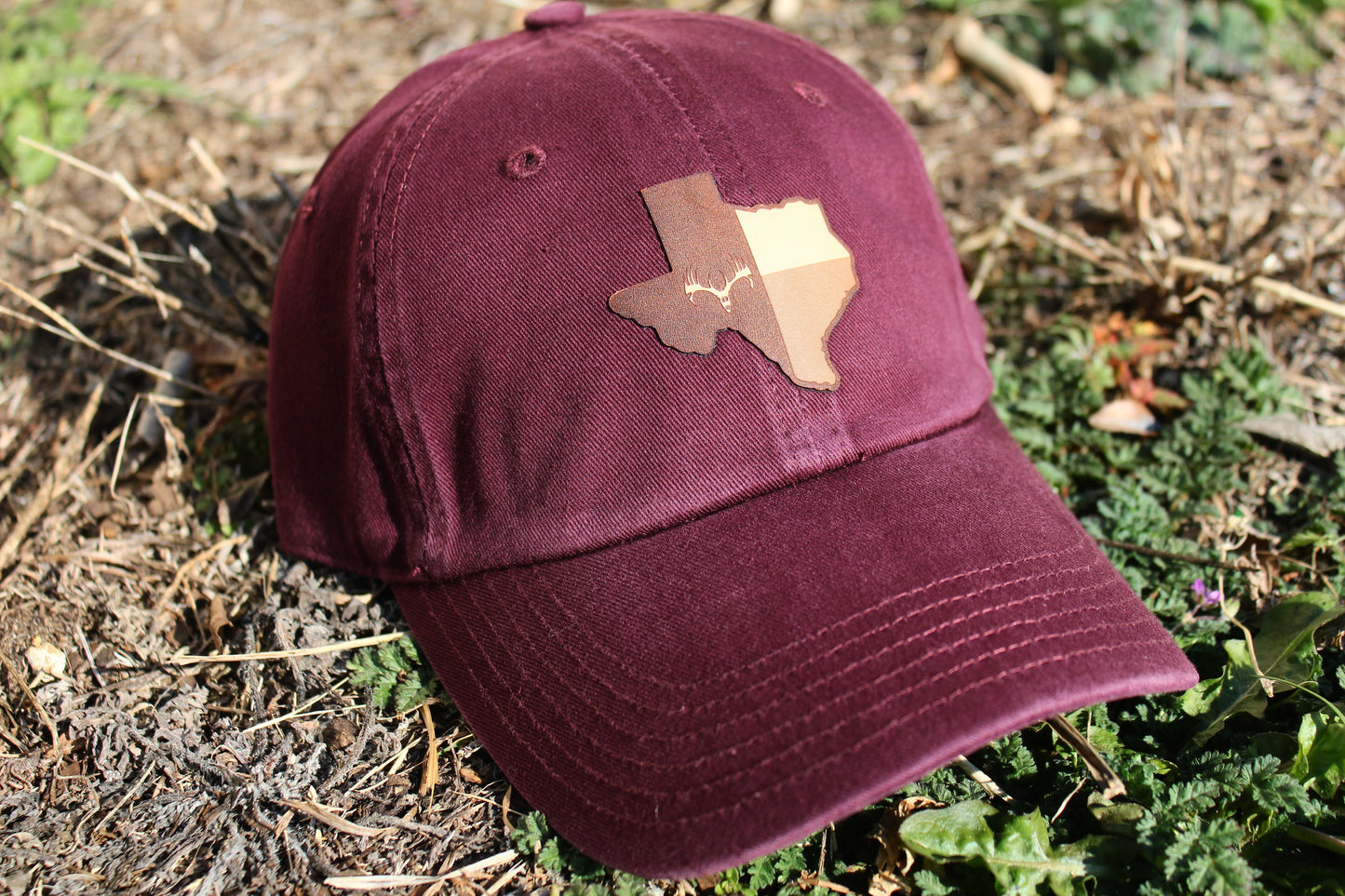 Maroon Dad Cap w/ Leather Texas Patch