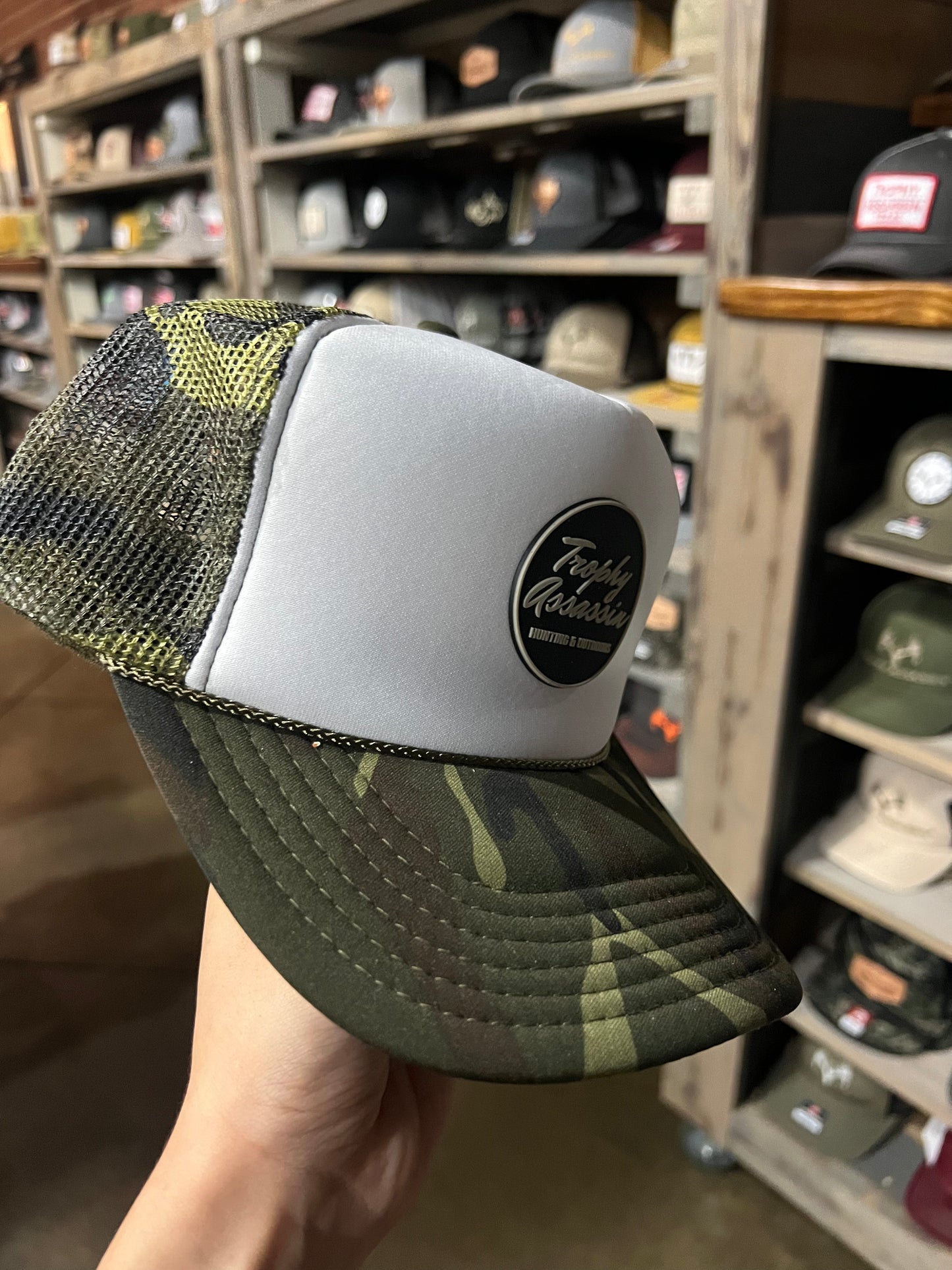 Camo & White Rope Foam Trucker Cap with Cursive Patch