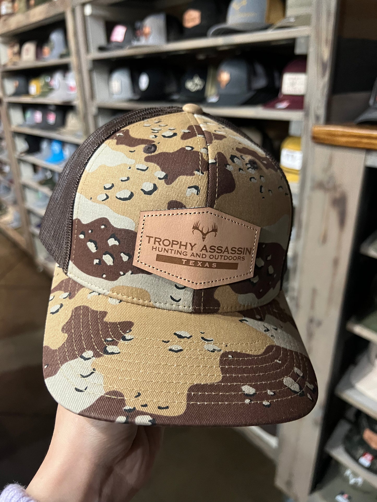 Desert Camo & Brown Leather Patch Cap