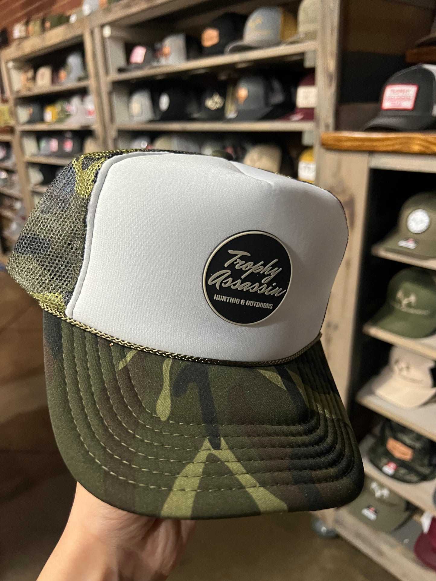 Camo & White Rope Foam Trucker Cap with Cursive Patch